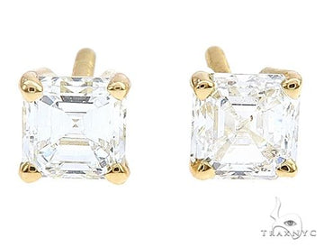 18k yellow gold solitaire square diamond stud earrings with four-prong setting.