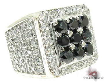 Men's white gold ring with square black diamond cluster framed by white diamonds