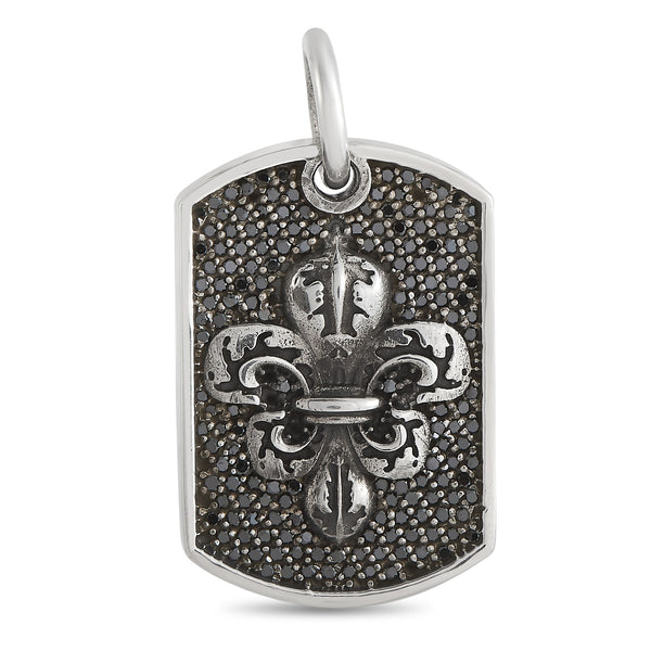 King Baby Silver and Black Diamond Fleur-de-Lis Relic Dog Tag Pendant K10-7119