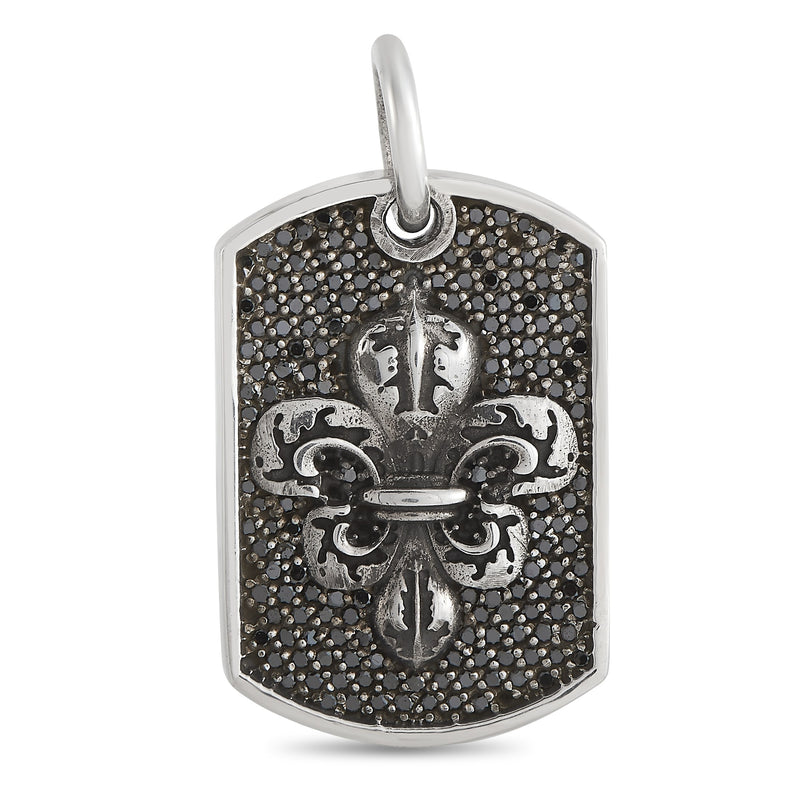 King Baby Silver and Black Diamond Fleur-de-Lis Relic Dog Tag Pendant K10-7119