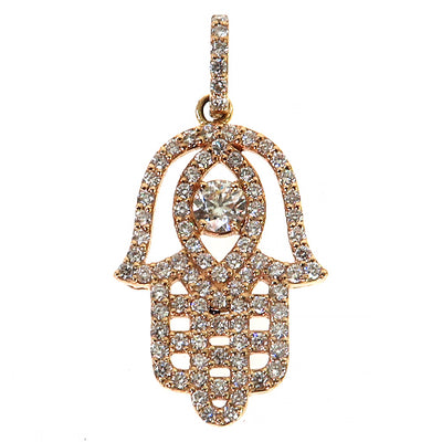 Rose gold Hamsa pendant with pave diamonds and marquise center stone on bail.