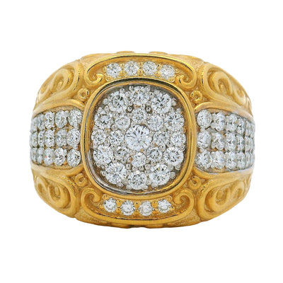 Yellow gold men's ring with diamond filigree and clustered round diamonds centerpiece.