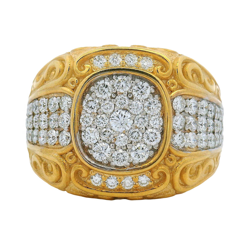 Yellow gold men's ring with diamond filigree and clustered round diamonds centerpiece.