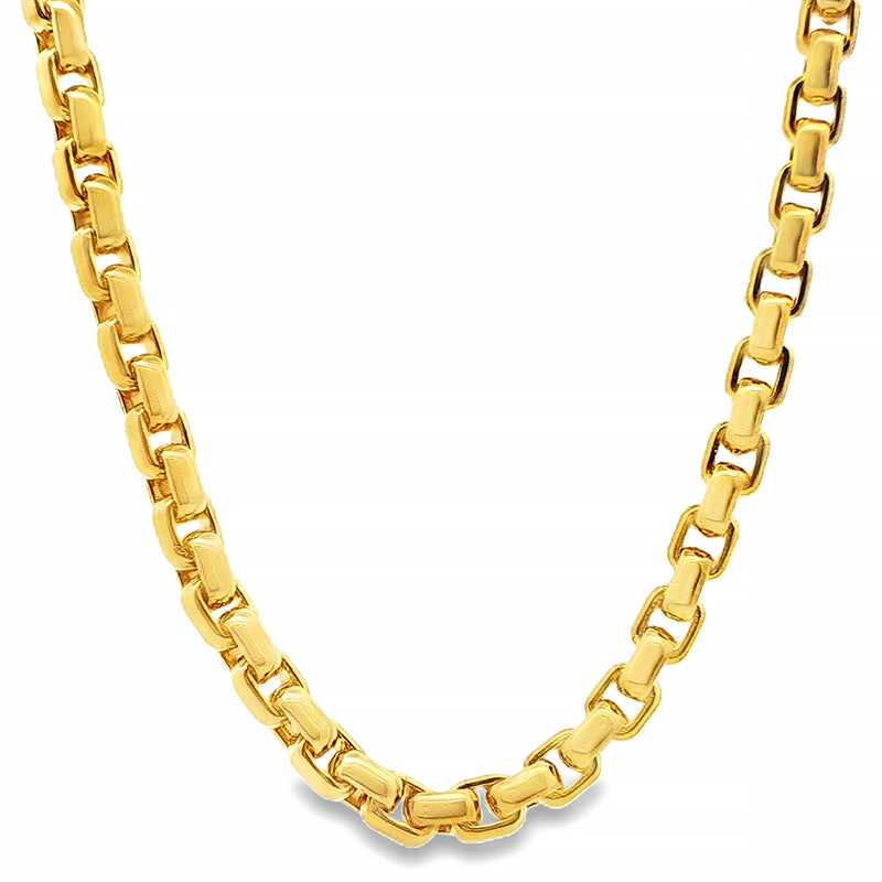 14K yellow gold solid round box link chain, 27 inches long, 6.4mm wide, men's style