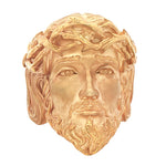 Yellow gold Jesus face ring with detailed crown of thorns and beard design.
