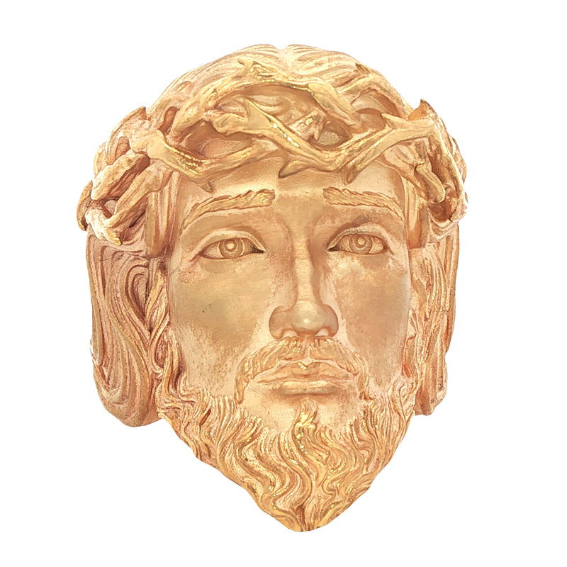 Yellow gold Jesus face ring with detailed crown of thorns and beard design.