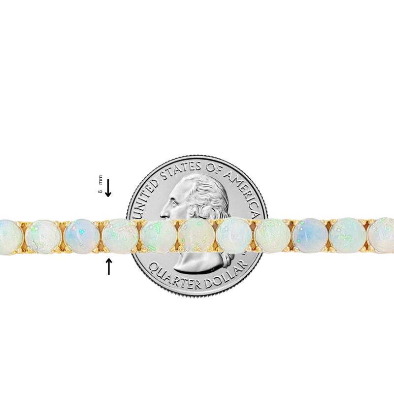 Gold tennis bracelet with round opal gemstones evenly set along the band.