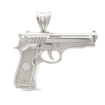 Sterling silver pistol-shaped pendant with detailed grip and smooth finish.