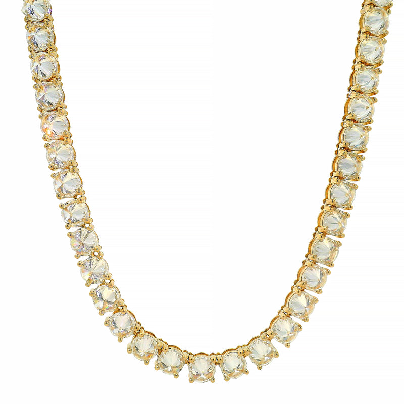 22-inch yellow gold tennis chain with upside down 75 pointer diamonds.