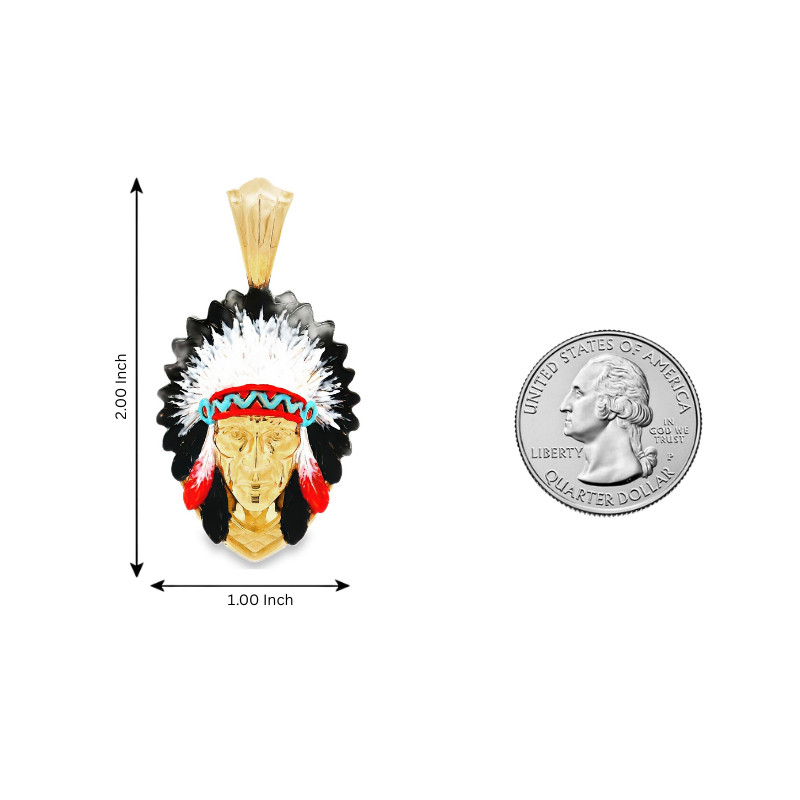 Yellow gold Native Chief pendant with red and turquoise feather details.