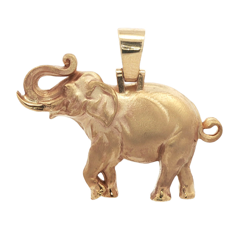 Rose gold elephant pendant with raised trunk and detailed texture, matte finish