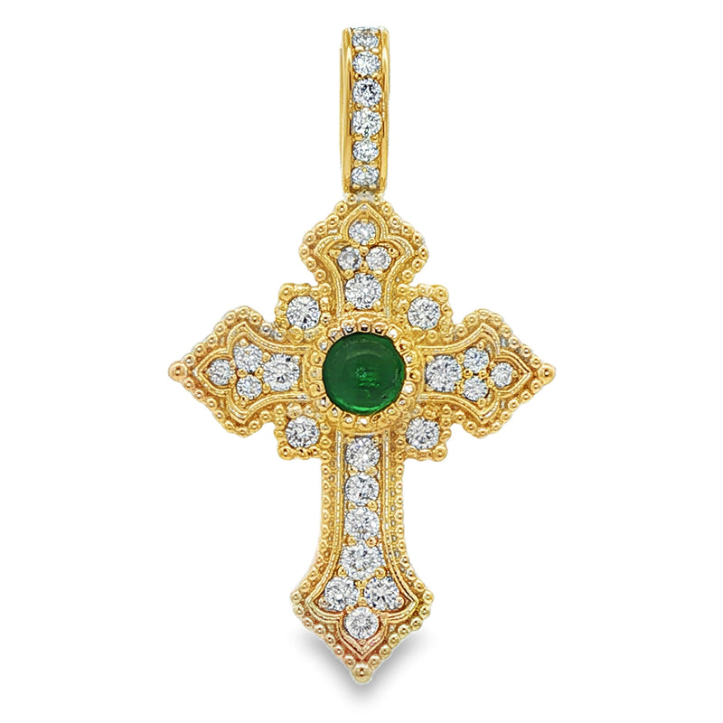 Yellow gold cross pendant with central green gemstone and surrounding diamonds