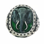 Sterling silver ring with detailed elephant head, black and white diamond accents, green enamel background.