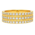 Yellow gold three-row wedding band with round diamonds in a sleek, polished setting.