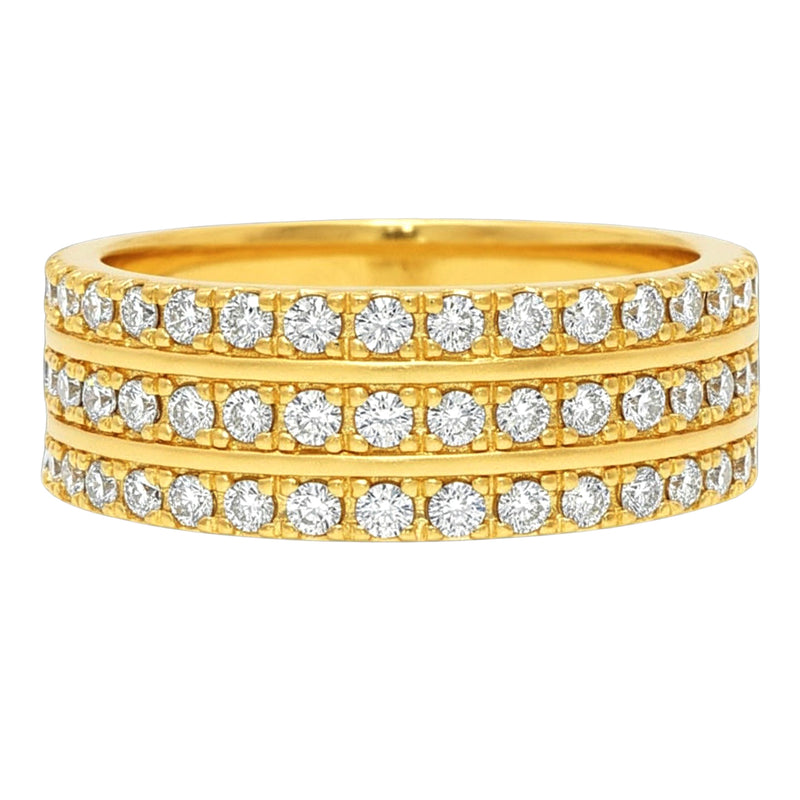 Yellow gold three-row wedding band with round diamonds in a sleek, polished setting.
