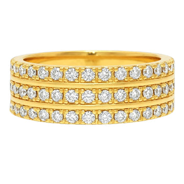 Gold three-row wedding band with round diamonds in a sleek polished setting