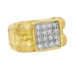 Yellow gold men's ring with double skull design and square diamond cluster center.