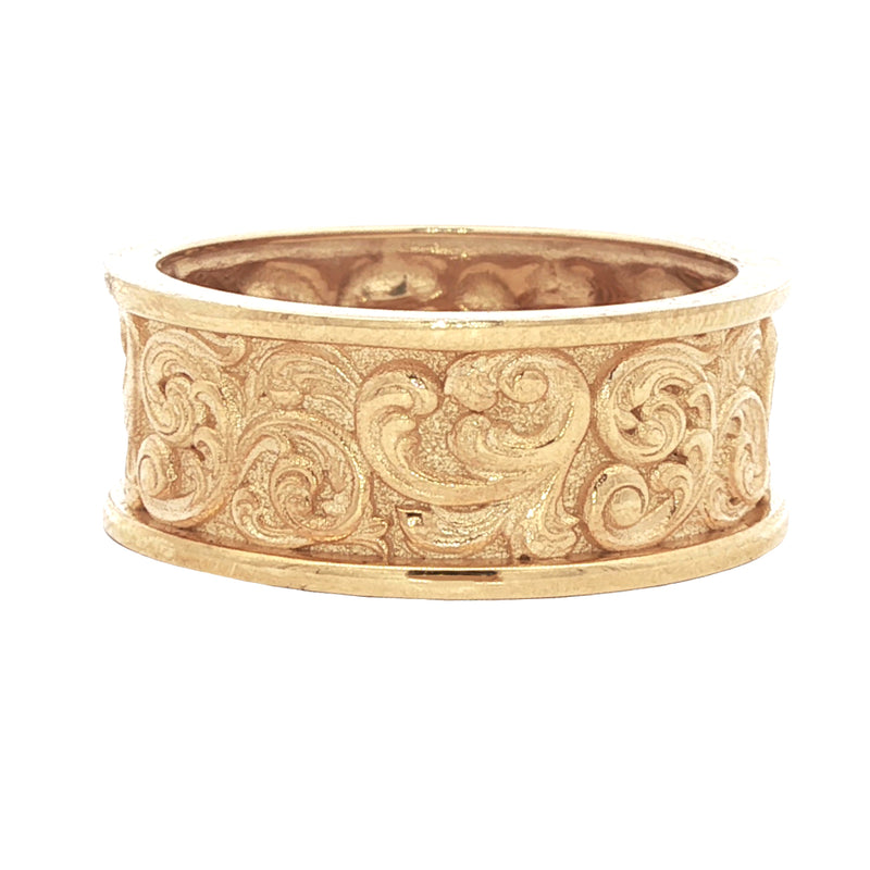 Yellow gold men's band with intricate baroque scrollwork and textured finish.