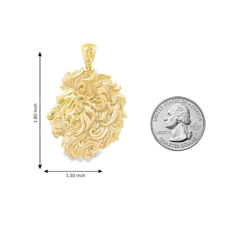 Yellow gold lion head pendant with intricate flowing mane details, polished finish.