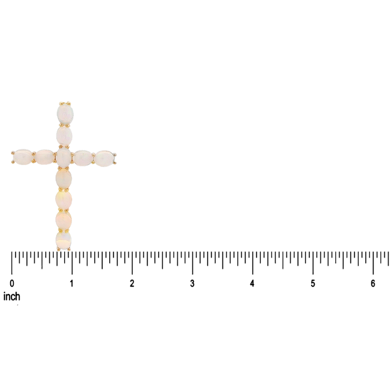 Opal gemstone cross pendant set in yellow gold with smooth oval stones, 1.5 inches tall
