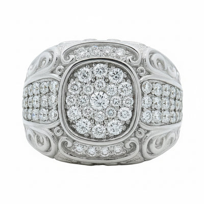 925 silver men's ring with cluster diamonds and intricate filigree detailing.