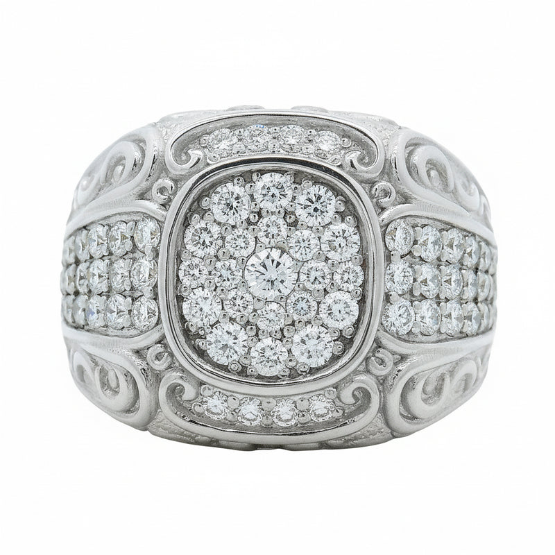 925 silver men's ring with cluster diamonds and intricate filigree detailing.