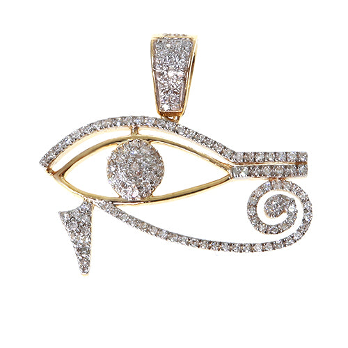10K yellow gold Egyptian eye pendant with micro pave diamonds, swirl and spike design