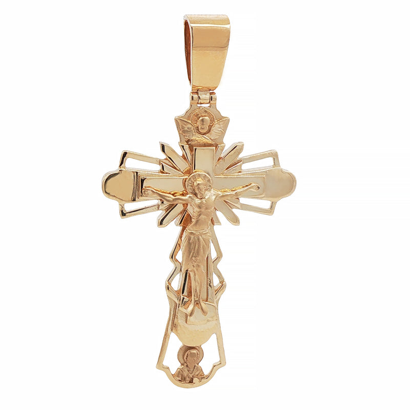 Yellow gold crucifix pendant with detailed Jesus figure and sunburst design accents.