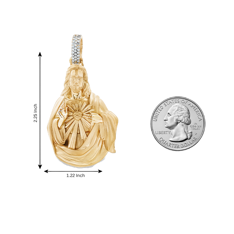 Yellow gold Sacred Heart Jesus pendant with diamond-accented bail.
