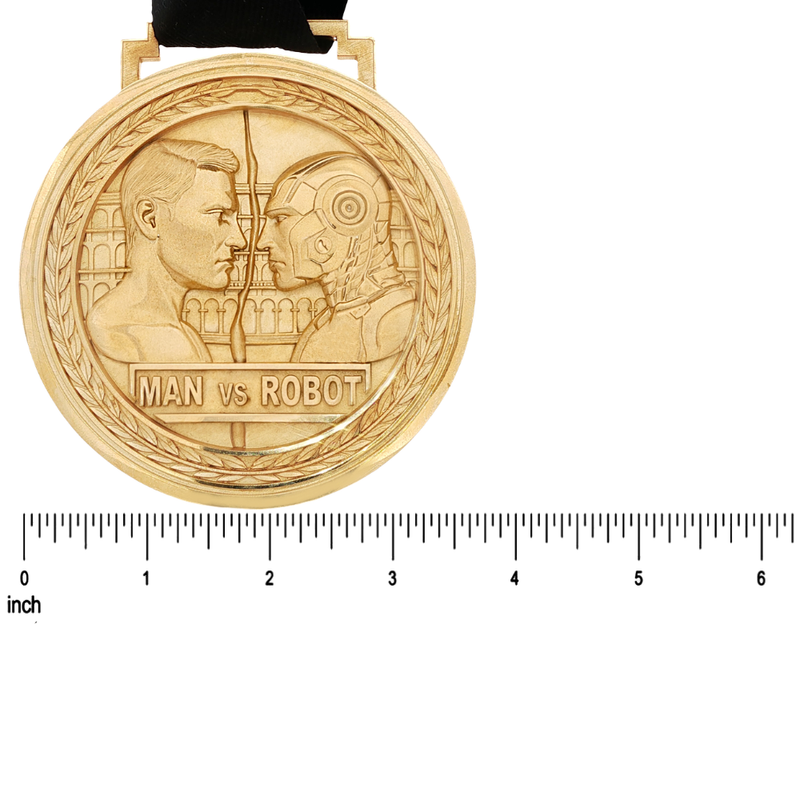 Gold-tone round pendant medal with engraved profiles of man and robot, "MAN vs ROBOT" text below.