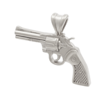 White gold revolver pendant with detailed grip and cylindrical barrel design.