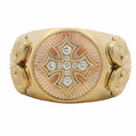 14K yellow gold men's ring with diamond cross and engraved side designs.