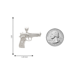 925 silver pistol-shaped pendant with detailed grip and barrel design, 1.2 inches wide.