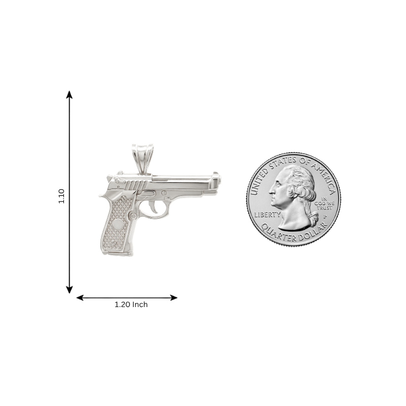 925 silver pistol-shaped pendant with detailed grip and barrel design, 1.2 inches wide.
