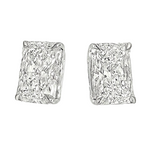 Pair of radiant cut diamond stud earrings with four-prong white gold setting, brilliant facets
