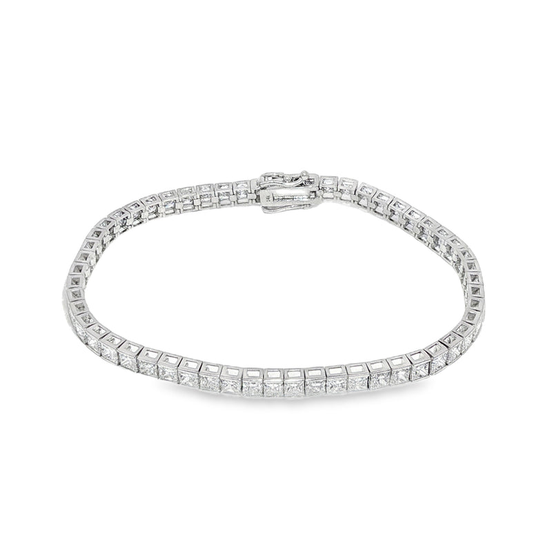 White gold diamond tennis bracelet with secure clasp, sleek and elegant design.