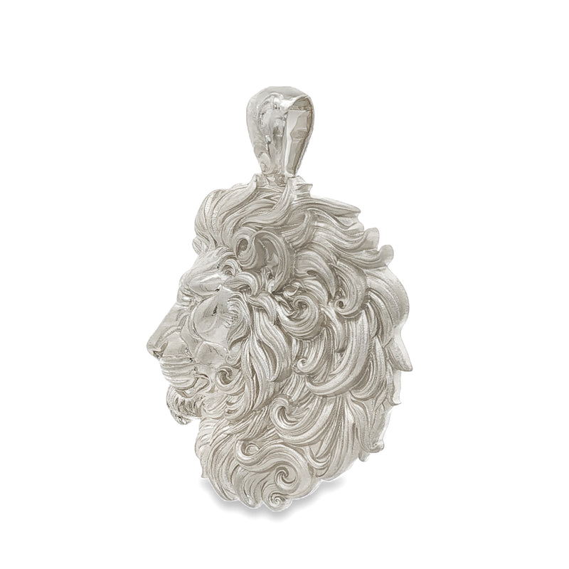 Intricately detailed silver lion head pendant with flowing mane, elegant and masculine design.