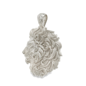 Intricately detailed silver lion head pendant with flowing mane, elegant and masculine design.