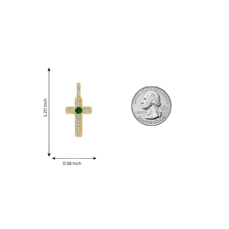 14K Gold Diamond Pave Cross With Bezel Set Green Emerald Cabochon, photo 7 of 9