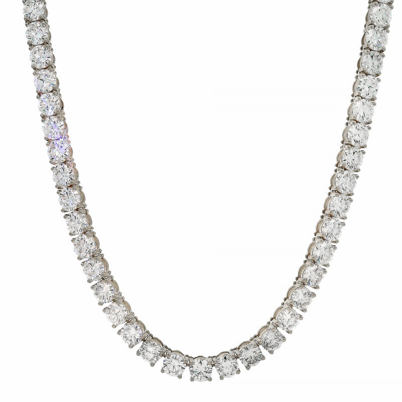 White gold tennis chain with round 75 pointer diamonds, sleek luxury men's jewelry.
