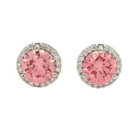 Round pink center diamond stud earrings with white gold halo setting.