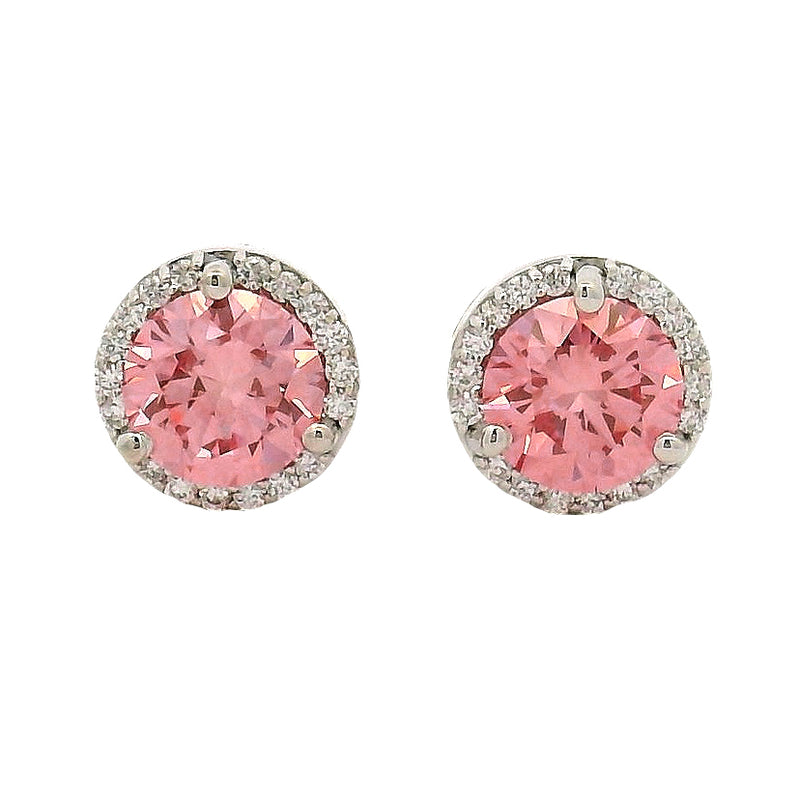 Round pink center diamond stud earrings with white gold halo setting.