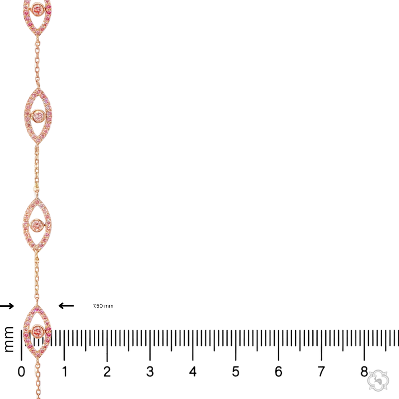 Rose gold evil eye bracelet with pink diamonds and delicate chain links.