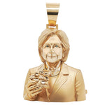 Gold-tone detailed pendant of a woman holding a slice of pizza wearing a blazer.