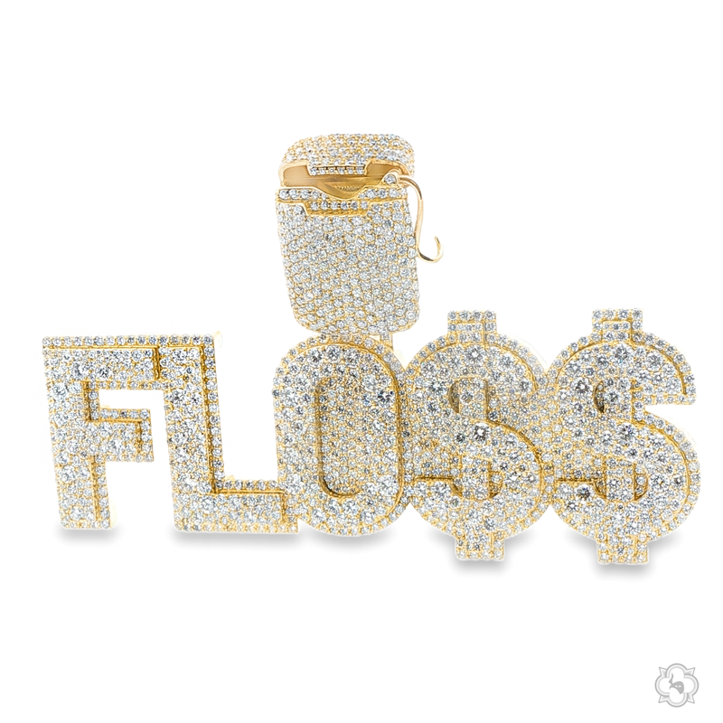 Yellow gold "FLOSS" name pendant and matching iced-out AirPods case with diamond accents.