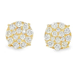 Yellow gold round cluster diamond stud earrings with multiple sparkling stones.