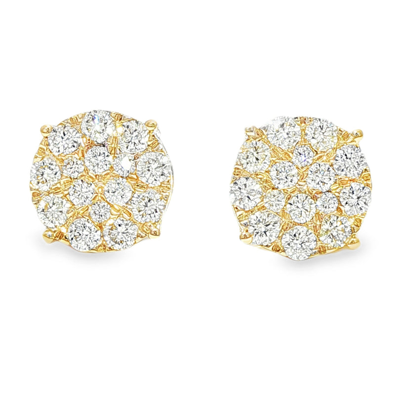 Yellow gold round cluster diamond stud earrings with multiple sparkling stones.