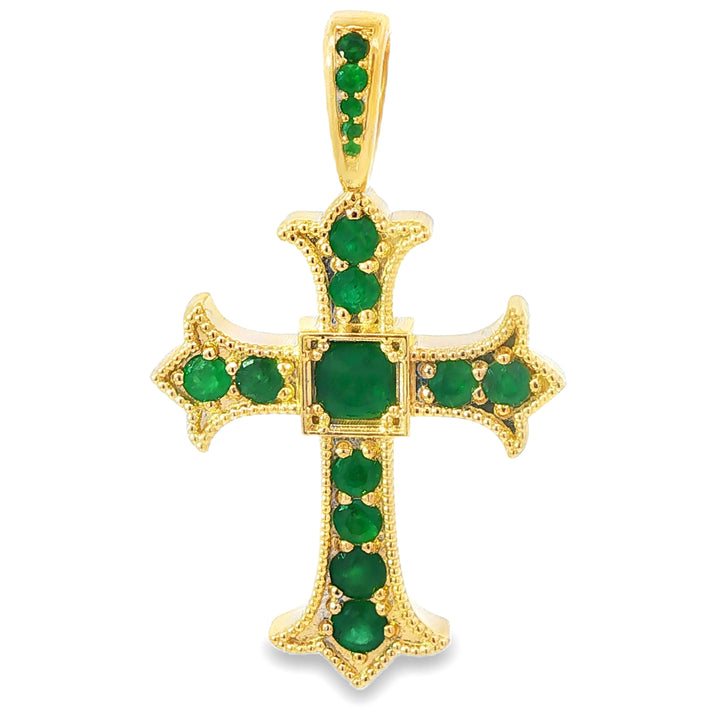 Yellow gold cross pendant with square and round emerald gemstones, intricate detailing.