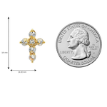 Yellow gold upside-down cross necklace with clear and yellow diamonds in a cluster design.