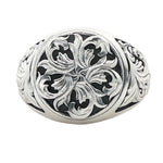 Silver men's signet ring with intricate royal filigree floral design in .925 sterling silver.